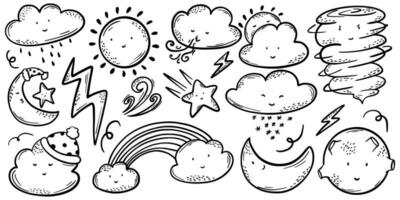 clima emoticon plano icono colocar. dibujos animados arcoíris, lluvia y nieve nubes, sol, luna, estrella, focos, viento aislado vector ilustración. meteorología y cielo concepto