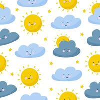 Cute clouds pattern. Vector illustration seamless. Sun, clouds, sky. For printing use