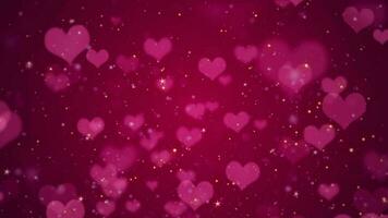 Cute pink hearts, shiny stars and glowing glittering particles on dark red gradient background. This shiny romantic Valentine's Day background is full HD and a seamless loop. video