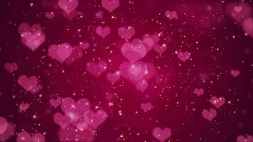 carino rosa cuori, brillante stelle e raggiante luccicante particelle su buio rosso pendenza sfondo. Questo brillante romantico San Valentino giorno sfondo è pieno HD e un' senza soluzione di continuità ciclo continuo. video