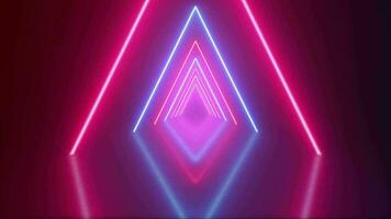 Flying through a glowing pink and blue triangle shaped neon tunnel with light reflections. This trendy modern neon lights motion background animation is full HD and looping. video