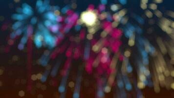 Festive New Year celebration firework display background with defocused exploding colorful fireworks and shiny golden bokeh particles. video