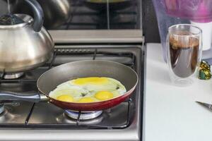 Shot of the fried eggs on the stove. Breakfast photo
