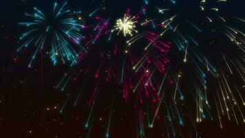 Festive New Year celebration firework display background with exploding colorful fireworks and shiny golden stars and particles. video