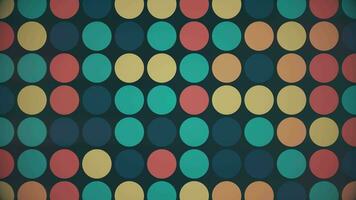 Trendy retro 1970s geometric background with colorful blinking circles in vintage colors - blue, orange, red and teal. This stylish motion background animation is 4K and a seamless loop. video