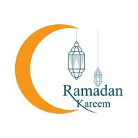 Ramadan Kareem Greeting card Calligraphy with Traditional lantern and Mosque. Vector Illustration