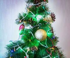 Close up shot of the decorated christmas tree. Holiday photo