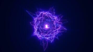 resumen brillante serpenteado ligero de alta tecnología energía púrpura esfera átomo coágulo de energía desde líneas y partículas futurista, resumen antecedentes video