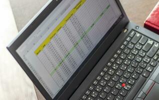 Laptop showing an excel sheet on the screen with bank loan amortization table. Finance photo