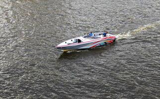 Moscow, Russia - 07.09.2023 - People enjoying the ride on the speed boat on the Moscow river. Holiday photo