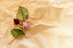 Concept shot of the background theme, wrapping paper, dried roses other flowers and other arrangements. Valentines day photo