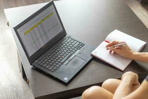 Shot of a woman working on the laptop showing an excel sheet on the screen with bank loan amortization table. Finance photo