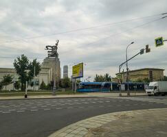 Moscow, Russia - 08.09.2023 - Worker and Kolkhoz woman sculpture by Vera Mukhina artist at VDNKH site. City photo