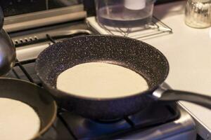 Close up shot of a pancakes being baked on the kitchen. Food photo