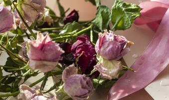 Concept shot of the background theme, wrapping paper, dried roses other flowers and other arrangements. Valentines day photo