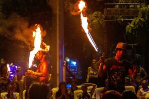 Ao Nang Krabi Thailand 2018 Thai people fire show party night life Koh Phi Phi. photo