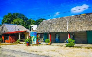 Tulum Quintan Roo Mexico 2023 Typical colorful street road traffic cars palms of Tulum Mexico. photo