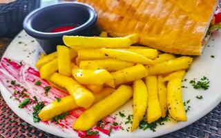 Baguette sandwich toast bread with chicken tomato salad potatoes fries. photo