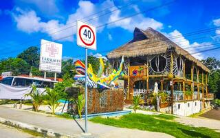 Tulum Quintan Roo Mexico 2023 Typical colorful street road traffic cars palms of Tulum Mexico. photo