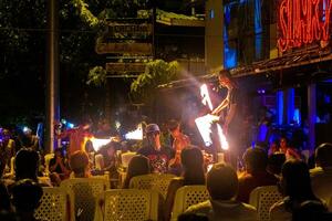 Ao Nang Krabi Thailand 2018 Thai people fire show party night life Koh Phi Phi. photo