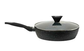 Empty black frying pan with non-stick lid on isolated background photo