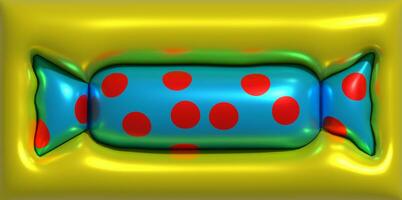 caramelo envuelto en un azul envoltura en un amarillo fondo, 3d representación ilustración foto