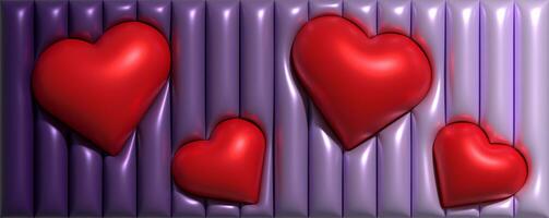 Red hearts on a purple background of inflated stripes, 3D rendering illustration photo