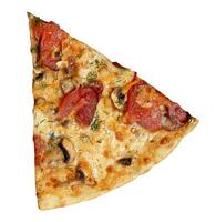 Triangular piece of pizza with tomatoes, mushrooms and cheese on isolated background photo