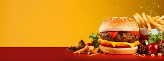 AI generated Christmas Day menu of burgers and fries on isolated background, festive Christmas and New Year theme, for posters and banners, banner mockup photo