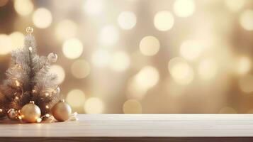 AI generated Empty white table with abstract christmas celebration decorations blurred background with lit christmas tree string lights photo