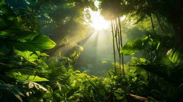 ai generado un brillante Mañana en un tropical bosque con luz de sol brillante mediante Entre el hojas, plantas ese prosperar sin aire contaminación foto