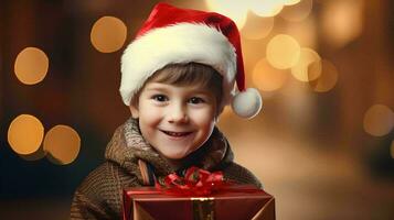 ai generado pequeño chico participación un regalo caja en Navidad día con un antecedentes de atmósfera en el víspera de Navidad celebraciones, contento facial expresión foto