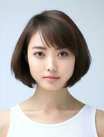 ai generado retrato de hermosa japonés mujer con corto Beto Corte de pelo, aislado blanco fondo, ai generativo foto