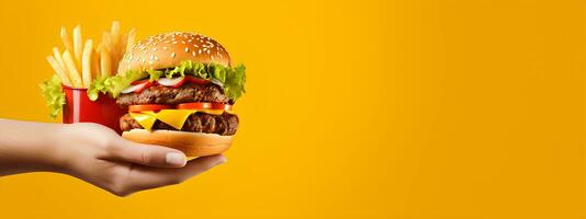 AI generated Christmas Day menu of burgers and fries on isolated background, festive Christmas and New Year theme, for posters and banners, banner mockup photo