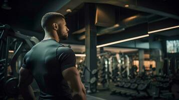 AI generated side view portrait of a sportsman looking at training equipment, with a gym in the background photo