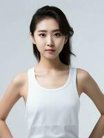 AI generated Portrait of young Asian female beauty model wearing tank top with clean white skin, studio photo, isolated white background, AI Generative photo