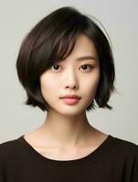 AI generated Portrait of beautiful Japanese woman with short bob haircut, isolated white background, AI Generative photo