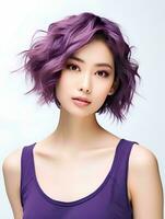 AI generated Portrait of beautiful young Japanese woman with short wavy purple hair on isolated white background, AI Generative photo