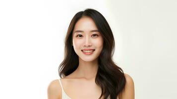 AI generated Professional studio photo of beautiful young white Japanese female model with perfect clean teeth with smiling expression, isolated white background