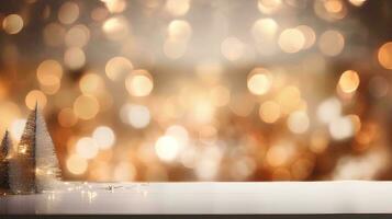 AI generated Empty white table with abstract christmas celebration decorations blurred background with lit christmas tree string lights photo