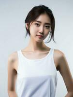 AI generated Portrait of young Asian female beauty model wearing tank top with clean white skin, studio photo, isolated white background, AI Generative photo