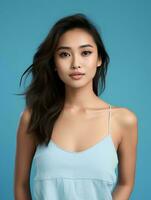 AI generated Portrait of beautiful asian woman on isolated light blue background, wearing tank top, beauty model photo