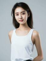 AI generated Portrait of young Asian female beauty model wearing tank top with clean white skin, studio photo, isolated white background, AI Generative photo