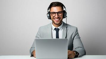 ai generado empresario vistiendo traje y Corbata utilizando ordenador portátil en frente de él mientras vistiendo auriculares, sonriente y emocionado expresión, estudio foto, aislado blanco antecedentes foto