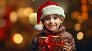 ai generado pequeño chico participación un regalo caja en Navidad día con un antecedentes de atmósfera en el víspera de Navidad celebraciones, contento facial expresión foto