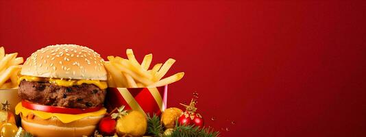 ai generado Navidad día menú de hamburguesas y papas fritas en aislado fondo, festivo Navidad y nuevo año tema, para carteles y pancartas, bandera Bosquejo foto