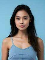 ai generado retrato de hermosa asiático mujer en aislado ligero azul fondo, vistiendo tanque arriba, belleza modelo foto