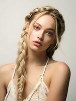 AI generated portrait of beautiful young woman with long braided blonde hair, isolated white background, AI Generative photo