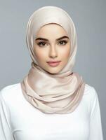 AI generated Portrait of a young woman wearing a hijab, a beauty product model with a white and clean face, elegantly posing, studio photo, isolated white background photo