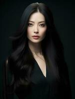 ai generado retrato de hermosa asiático mujer con largo negro pelo en aislado fondo, ai generativo foto